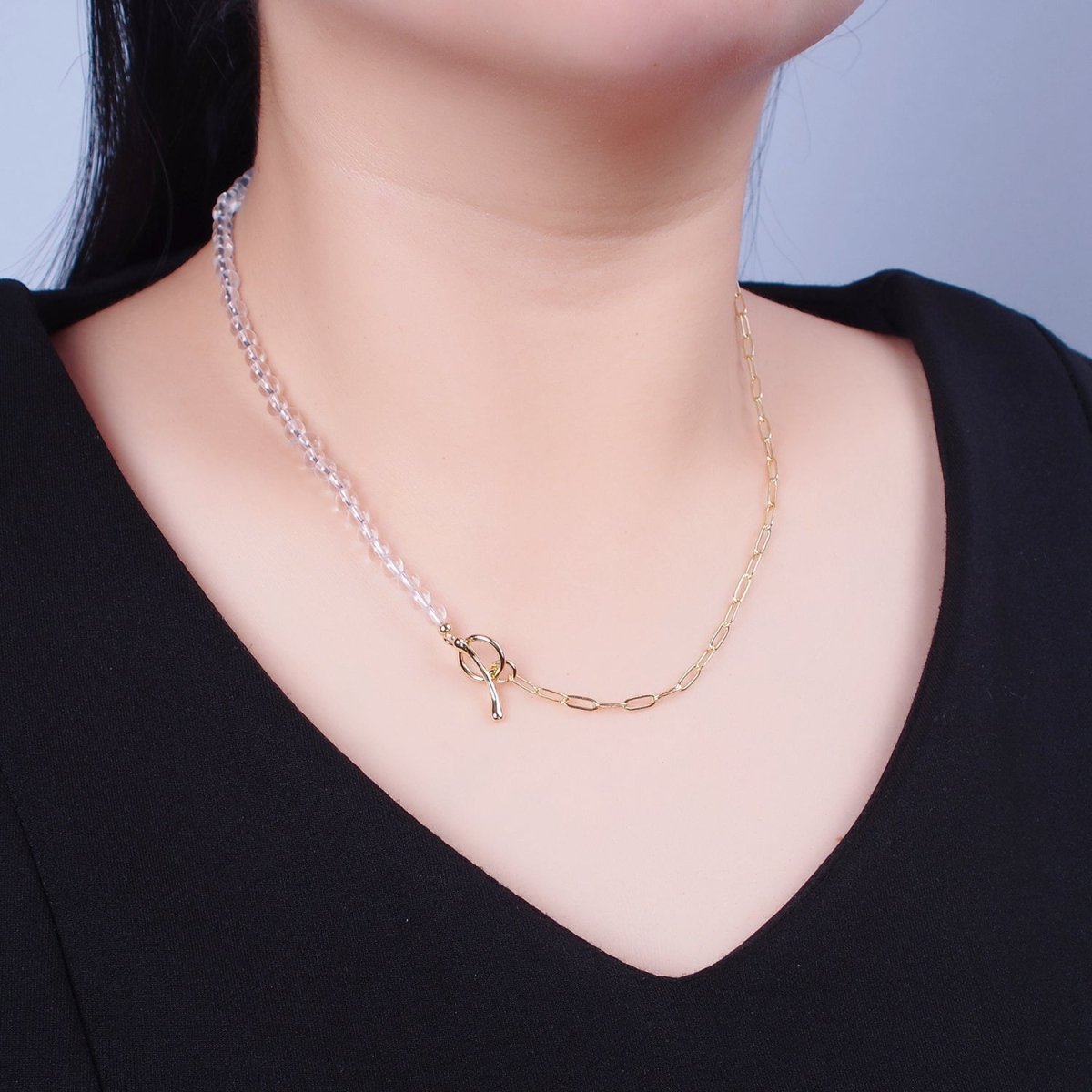Dainty Half Bead Half Link Chain Necklace, 24k Gold Filled Paperclip Chain with Clear Quartz Necklace Toggle Clasp | WA-966 Clearance Pricing