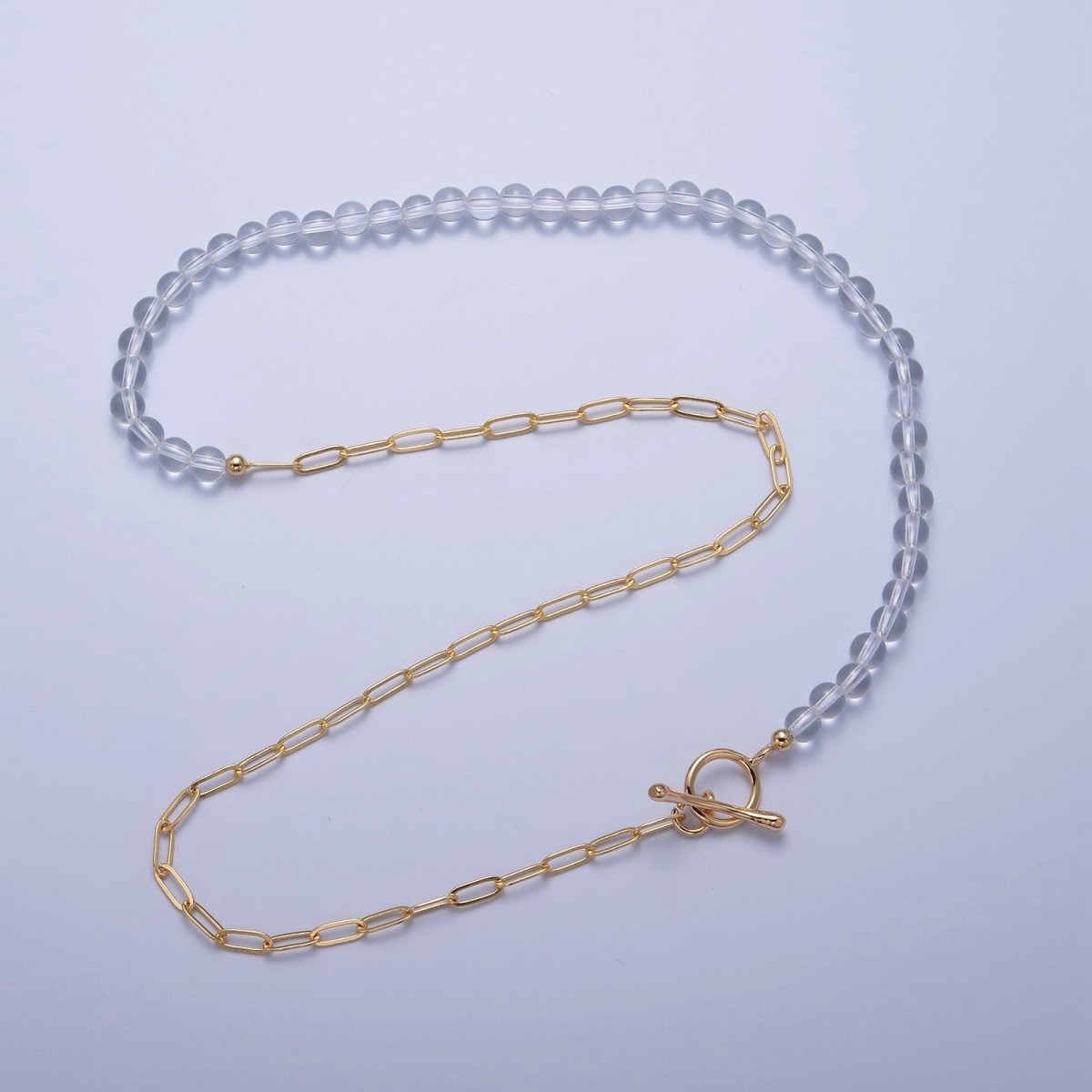 Dainty Half Bead Half Link Chain Necklace, 24k Gold Filled Paperclip Chain with Clear Quartz Necklace Toggle Clasp | WA-966 Clearance Pricing