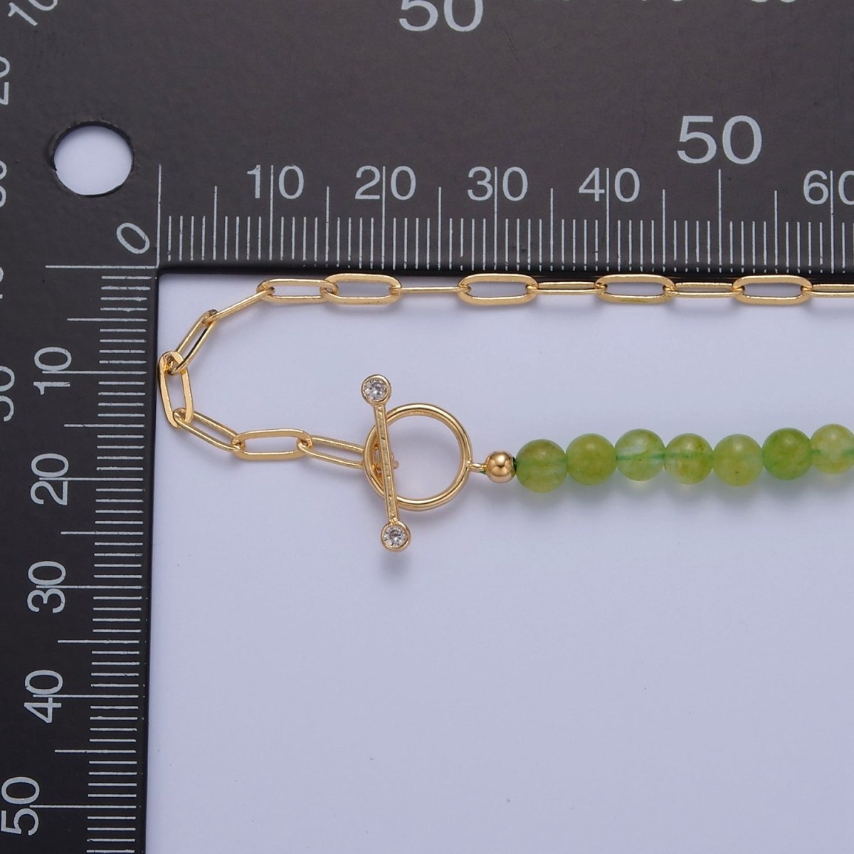 Dainty Half Bead Half Link Chain Necklace, 24k Gold Filled Paperclip Chain with Green Jade Necklace Toggle Clasp | WA-960 Clearance Pricing - DLUXCA