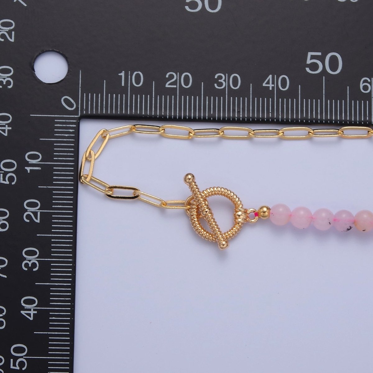 Dainty Half Bead Half Link Chain Necklace, 24k Gold Filled Paperclip Chain with Pink Jade Necklace Toggle Clasp | WA-970 Clearance Pricing