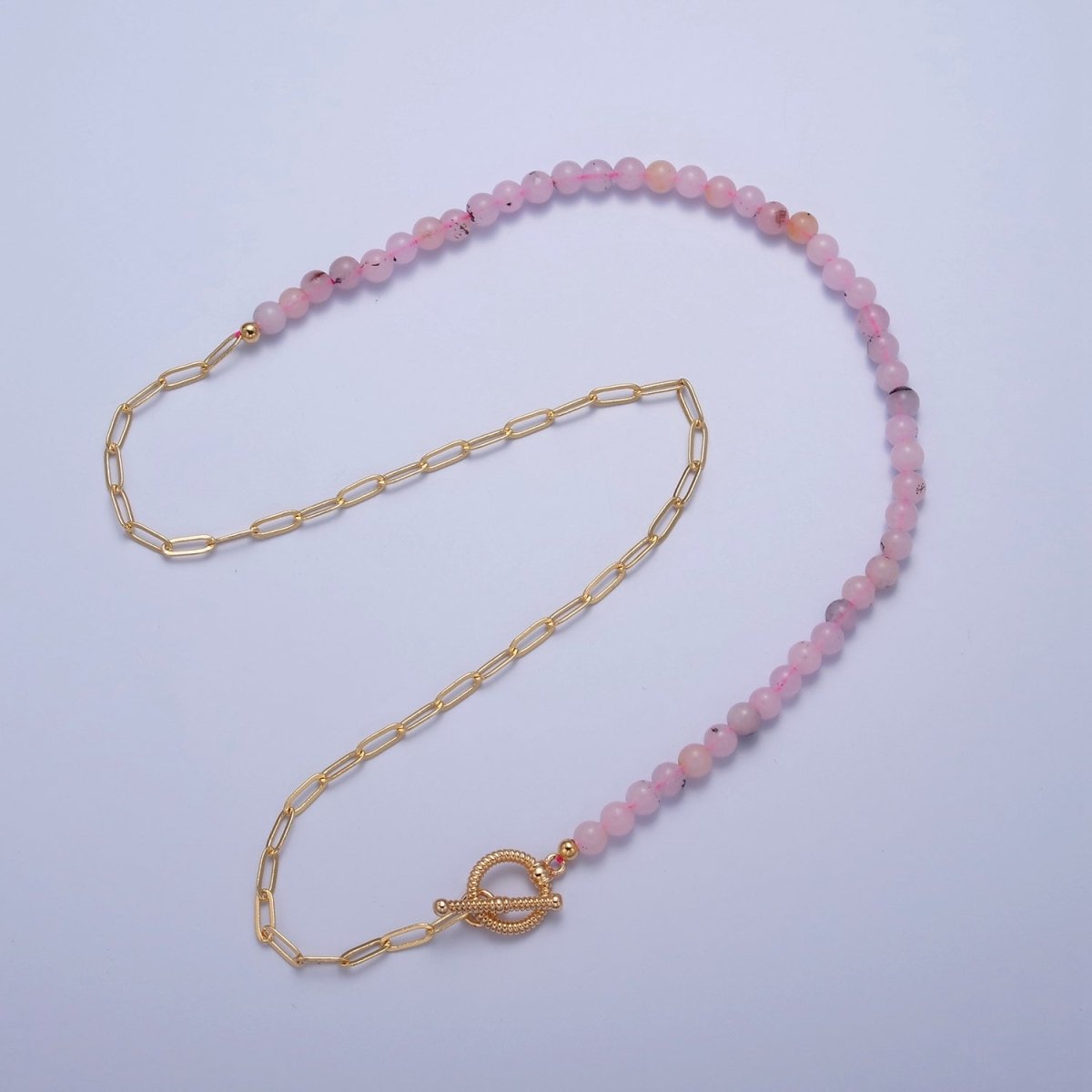Dainty Half Bead Half Link Chain Necklace, 24k Gold Filled Paperclip Chain with Pink Jade Necklace Toggle Clasp | WA-970 Clearance Pricing