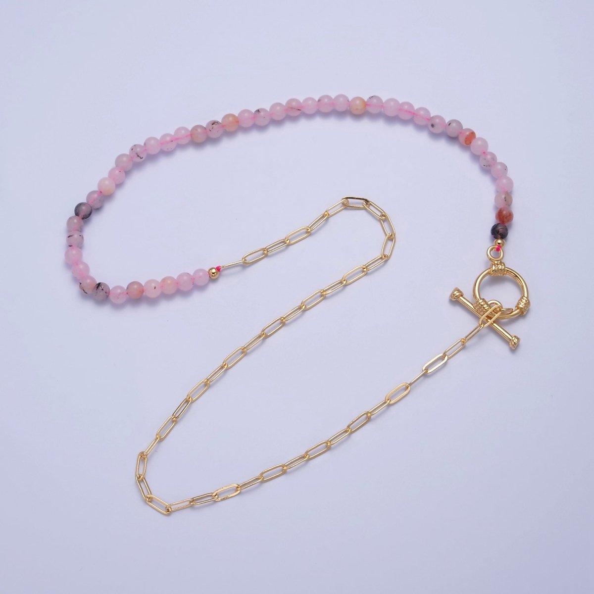 Dainty Half Bead Half Link Chain Necklace, 24k Gold Filled Paperclip Chain with Pink Jade Necklace Toggle Clasp | WA-971 Clearance Pricing