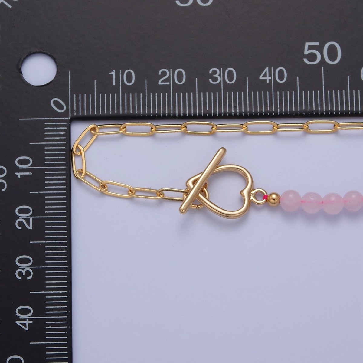Dainty Half Bead Half Link Chain Necklace, 24k Gold Filled Paperclip Chain with Pink Quartz Necklace Heart Toggle Clasp | WA-969 Clearance Pricing