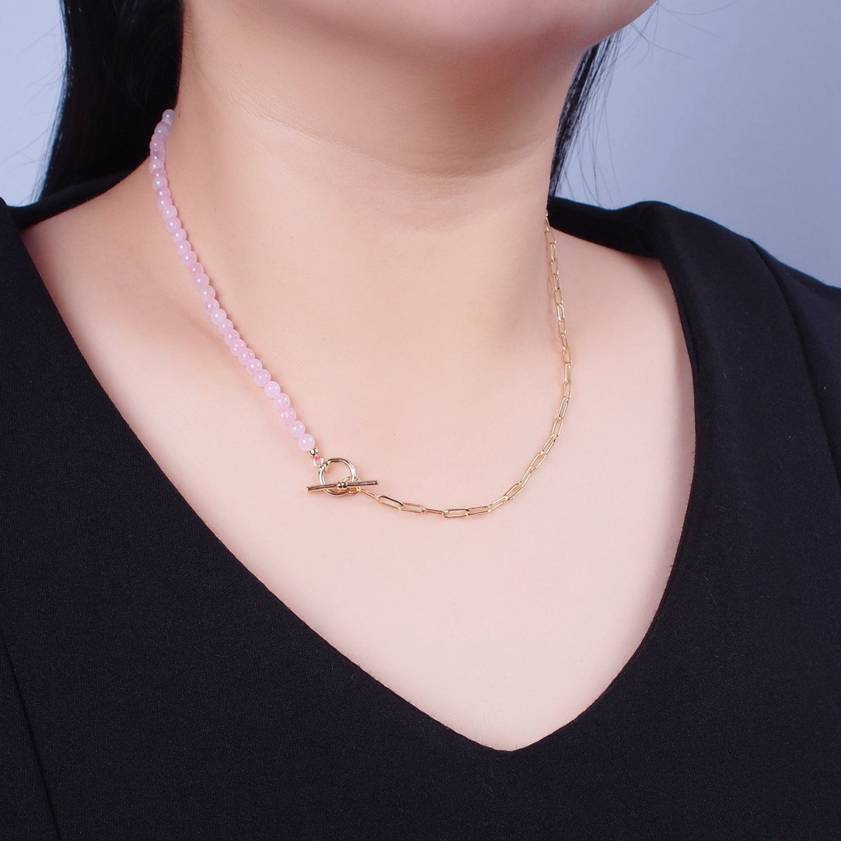 Dainty Half Bead Half Link Chain Necklace, 24k Gold Filled Paperclip Chain with Pink Quartz Necklace | WA-968 Clearance Pricing