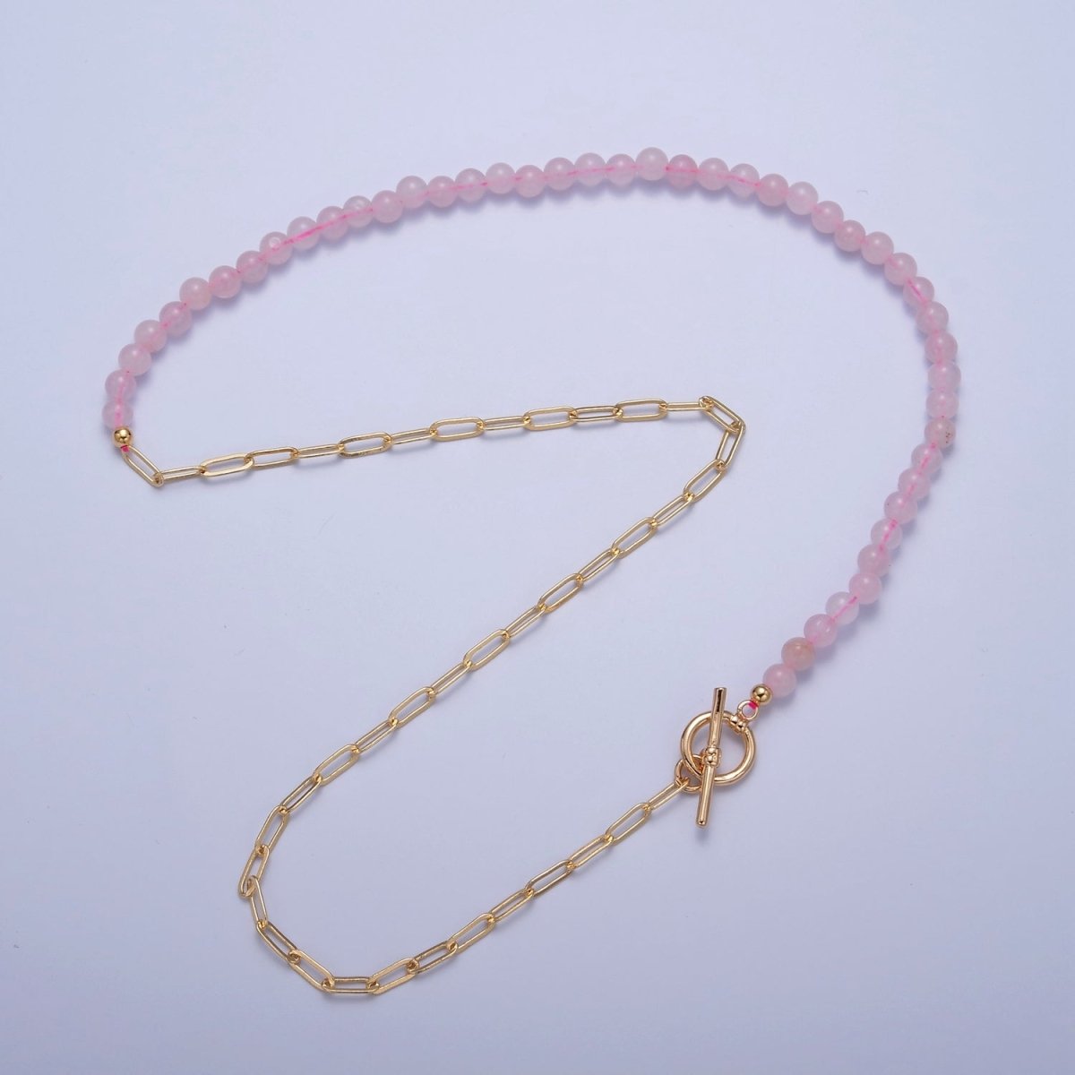 Dainty Half Bead Half Link Chain Necklace, 24k Gold Filled Paperclip Chain with Pink Quartz Necklace | WA-968 Clearance Pricing
