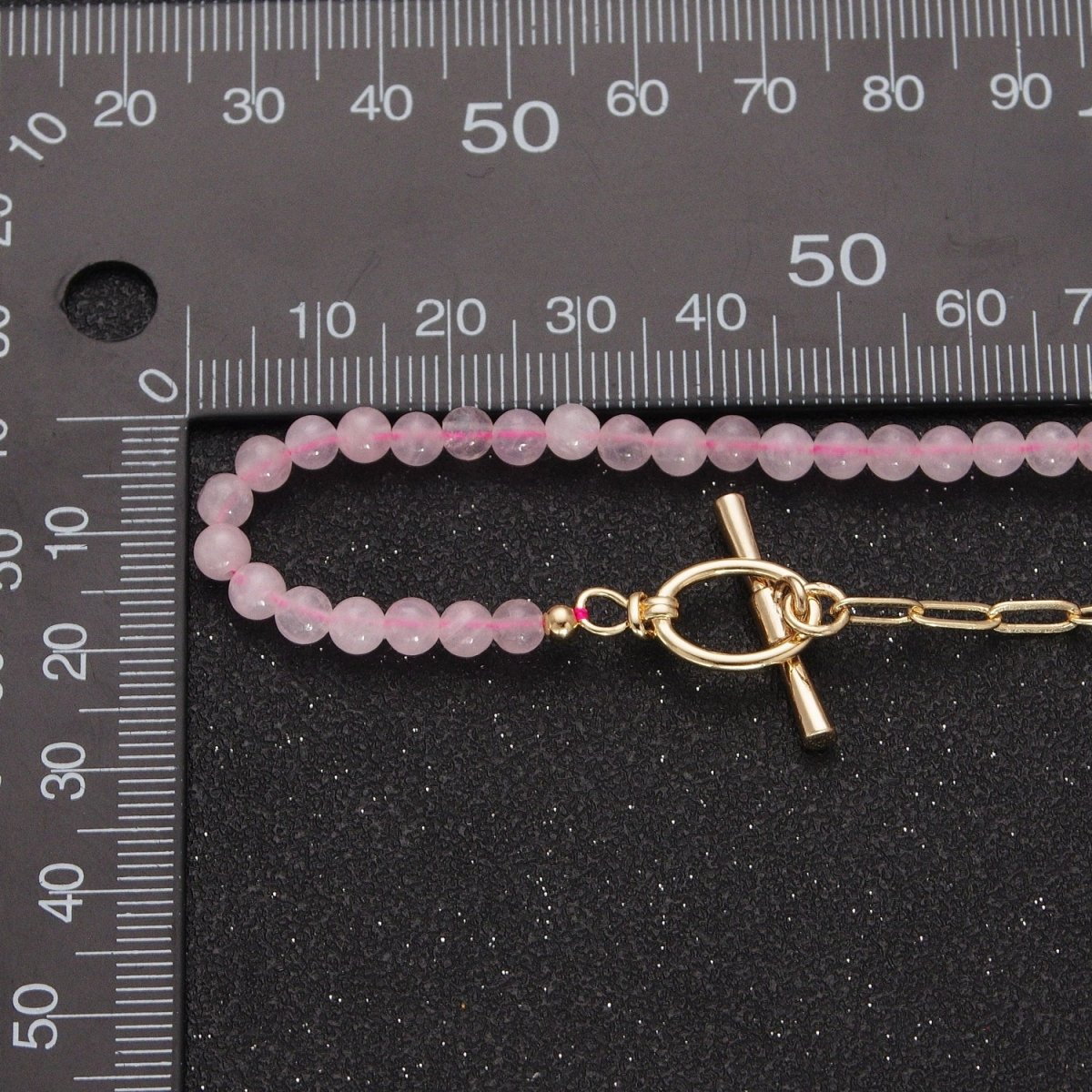 Dainty Half Bead Half Link Chain Necklace, 24k Gold Filled Paperclip Chain with Pink Quartz Necklace with Oval Toggle Clasps | WA-1019 Clearance Pricing - DLUXCA