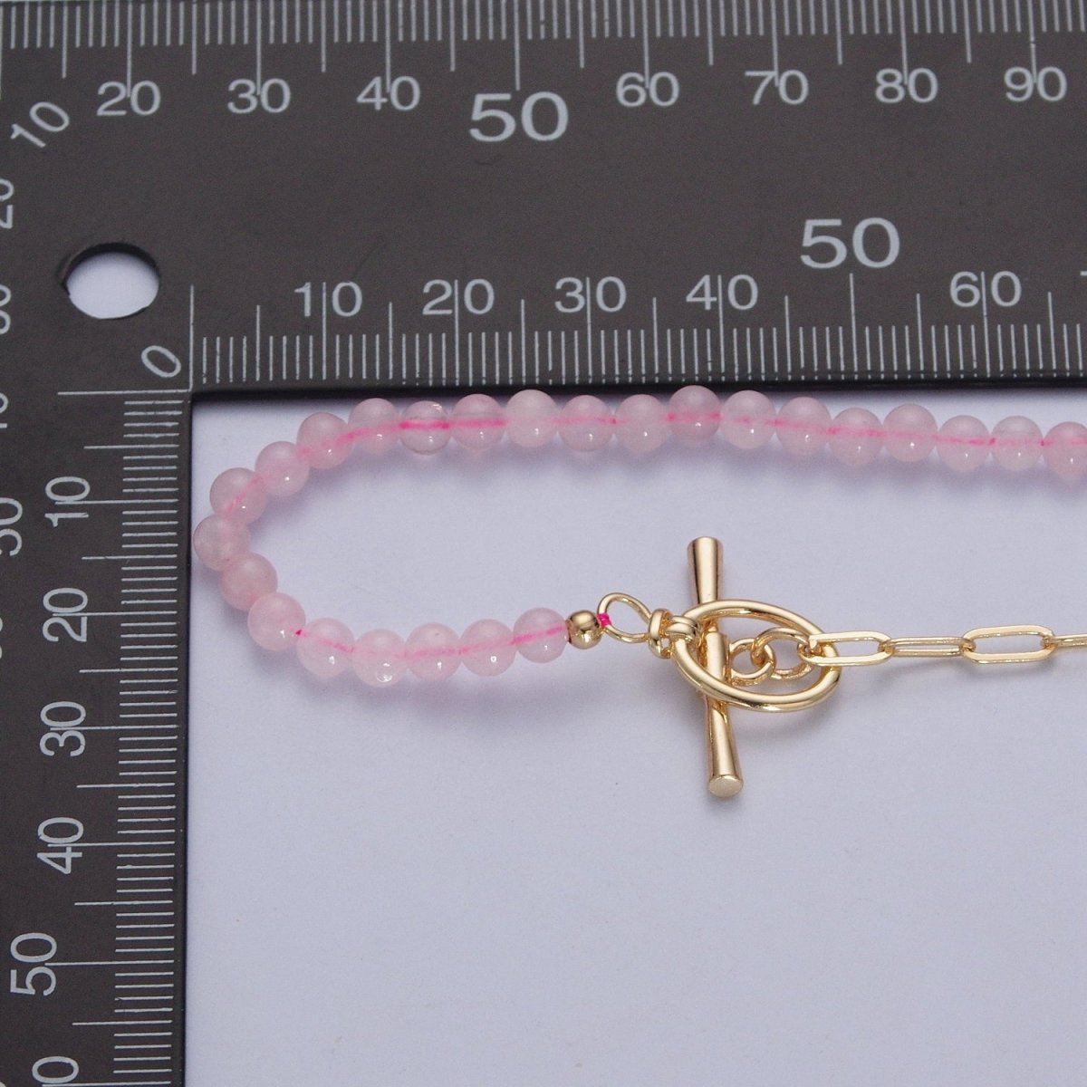 Dainty Half Bead Half Link Chain Necklace, 24k Gold Filled Paperclip Chain with Pink Quartz Necklace with Oval Toggle Clasps | WA-1019 Clearance Pricing - DLUXCA