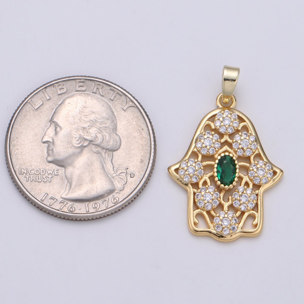 Dainty Hamsa Hand 14K Gold Filled CZ Hamsa Charm, Micro Pave Cubic Green Emerald Hamsa Hand Charm for Necklace Bracelet Component J-267