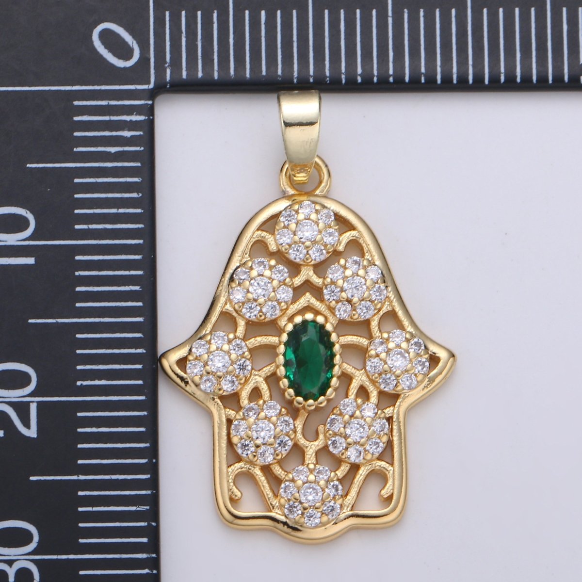 Dainty Hamsa Hand 14K Gold Filled CZ Hamsa Charm, Micro Pave Cubic Green Emerald Hamsa Hand Charm for Necklace Bracelet Component J-267