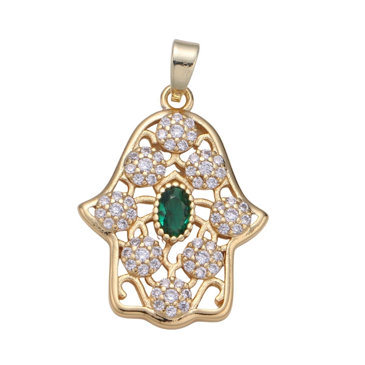 Dainty Hamsa Hand 14K Gold Filled CZ Hamsa Charm, Micro Pave Cubic Green Emerald Hamsa Hand Charm for Necklace Bracelet Component J-267