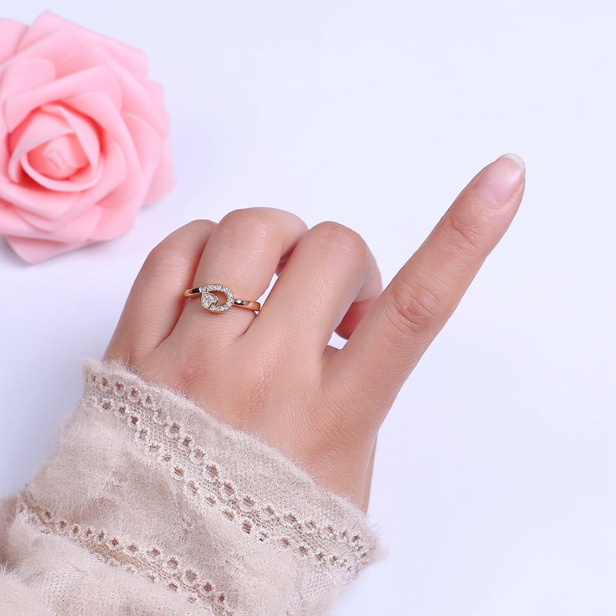 Dainty Heart 14k Gold Filled Ring Clear Micro Pave Cubic Zirconia Setting Dainty Jewelry S-534 - DLUXCA