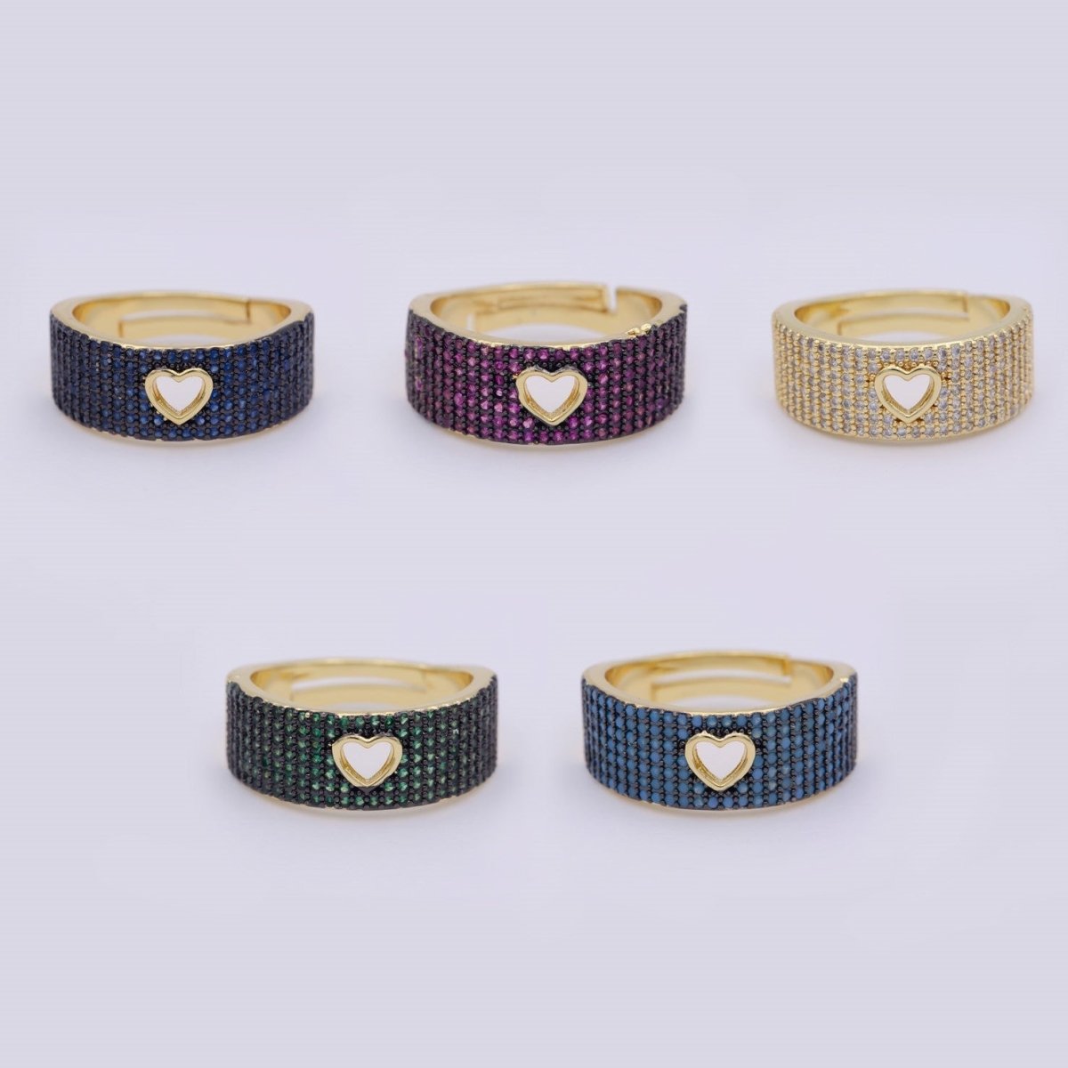 Dainty Heart Adjustable Ring, Gold Cz Dark Ring, Blue Green Purple Teal Stone Heart Jewelry Trend | O-460 ~  O-464