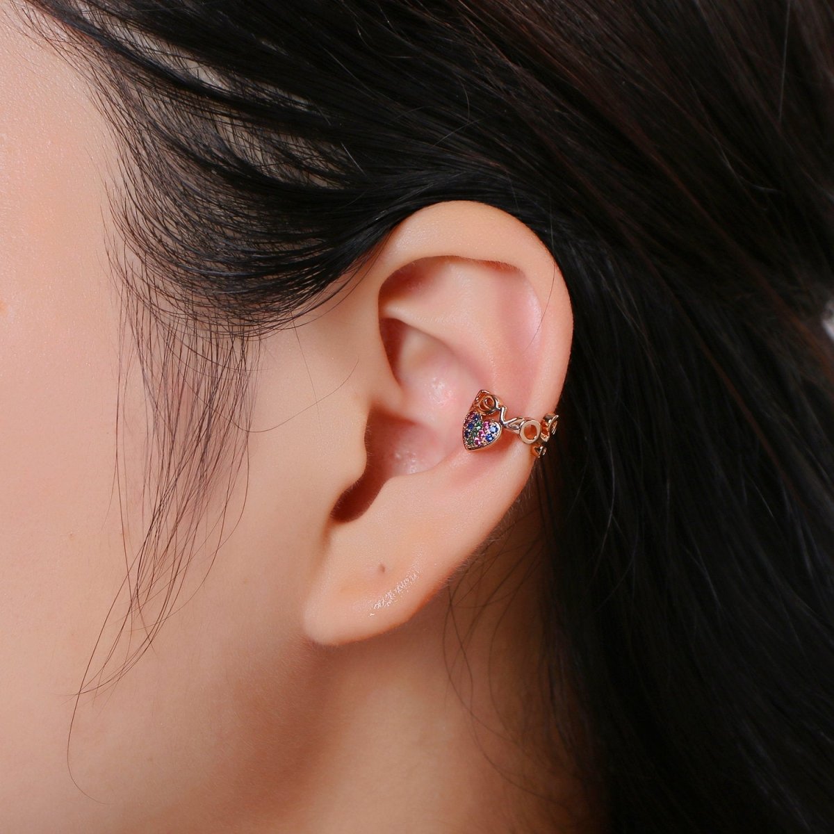 18K Gold Filled Black, Clear, Multicolor Micro Paved CZ Heart "Love" Script Ear Cuff Earrings Set | AI123 - AI125