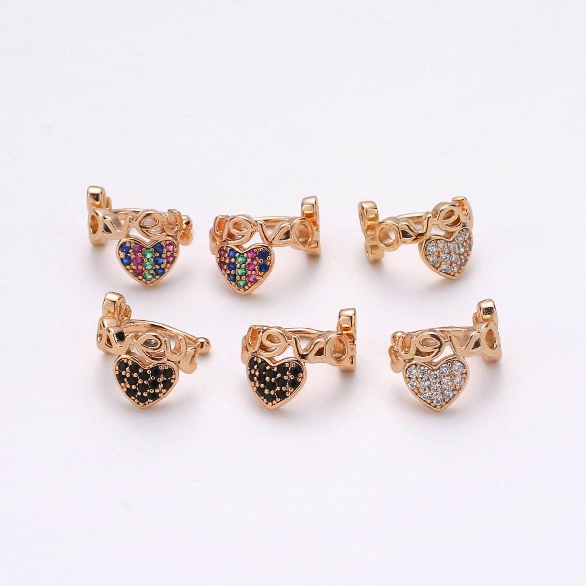 18K Gold Filled Black, Clear, Multicolor Micro Paved CZ Heart "Love" Script Ear Cuff Earrings Set | AI123 - AI125