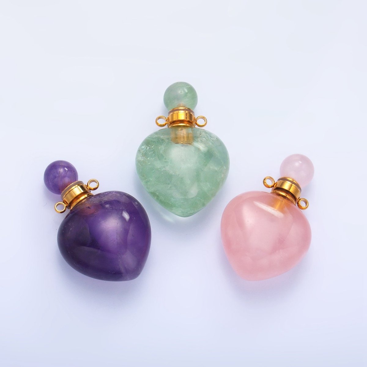 Dainty Heart Perfume Bottle Charm Rose Quartz Amethyst Aventurine Gemstone Essential Oil Bottle Pendant