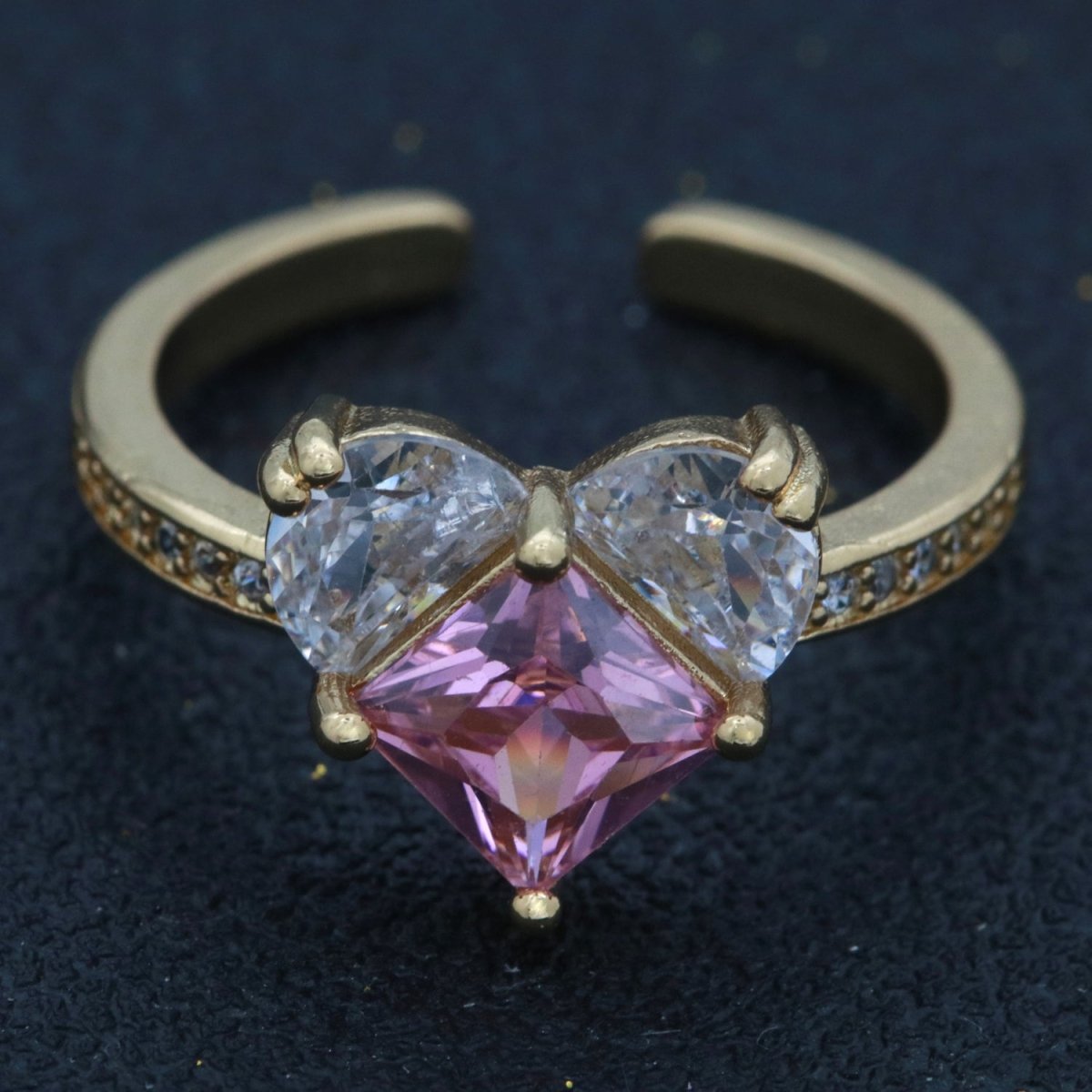 Dainty Heart Ring, Open Gold Adjustable Ring, Cute Pink Cz Ring, Cubic Love Ring Minimalist jewelry for Christmas Gift Idea S-165 - DLUXCA