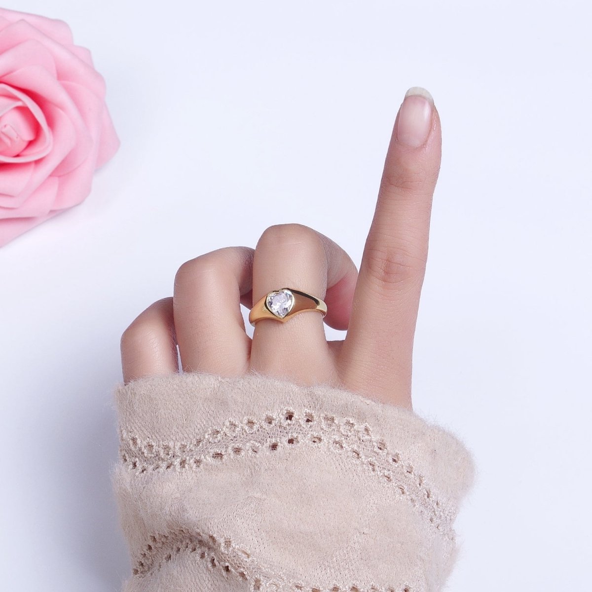 Dainty Heart Signet Ring with Zirconia Stone Open Adjustable Ring O-003 - DLUXCA