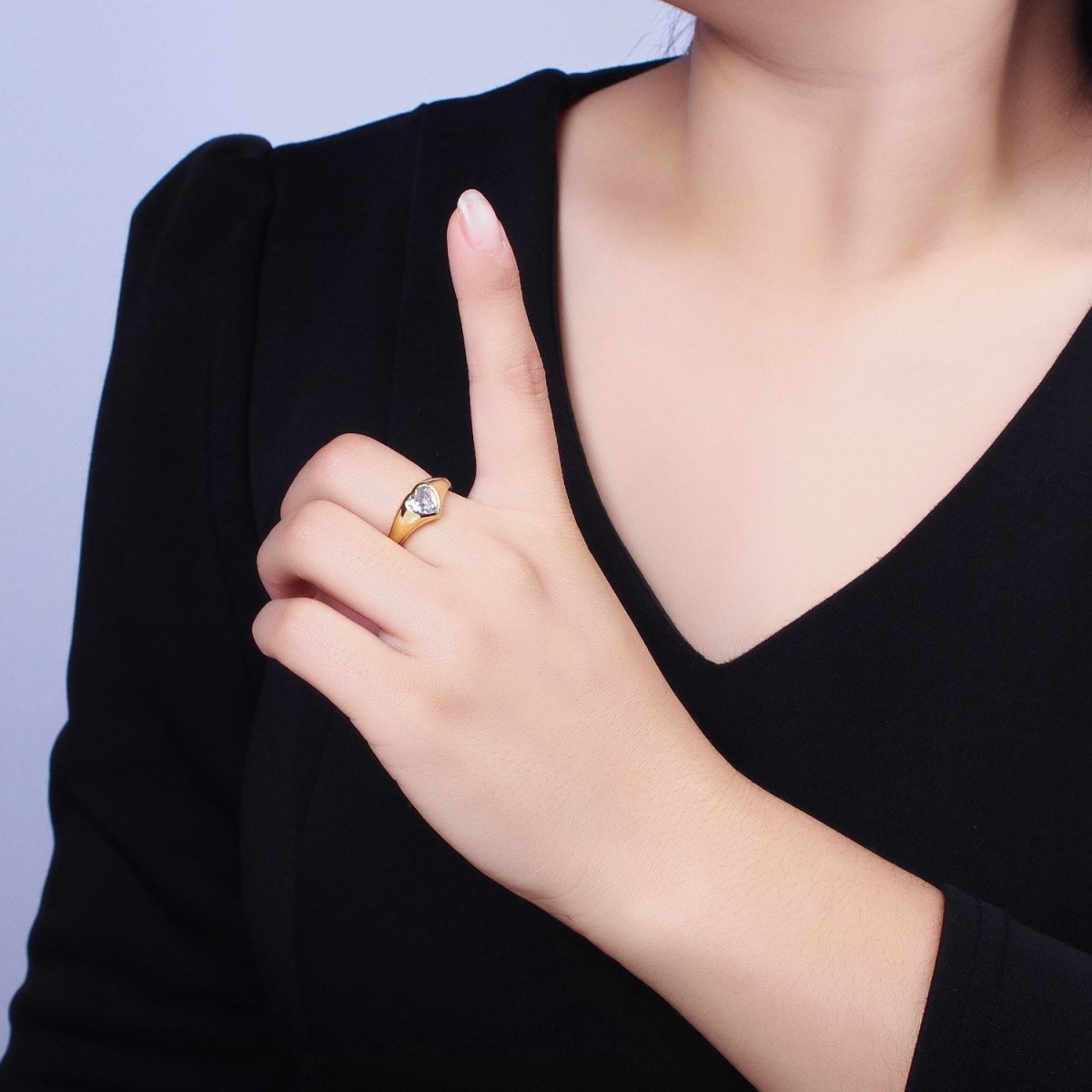 Dainty Heart Signet Ring with Zirconia Stone Open Adjustable Ring O-003 - DLUXCA