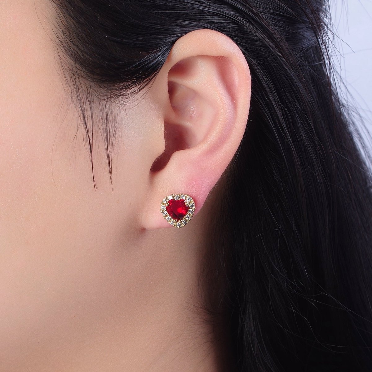 Dainty Heart Stud Earring Red Green Purple Pink CZ Stone V-178 V-180
