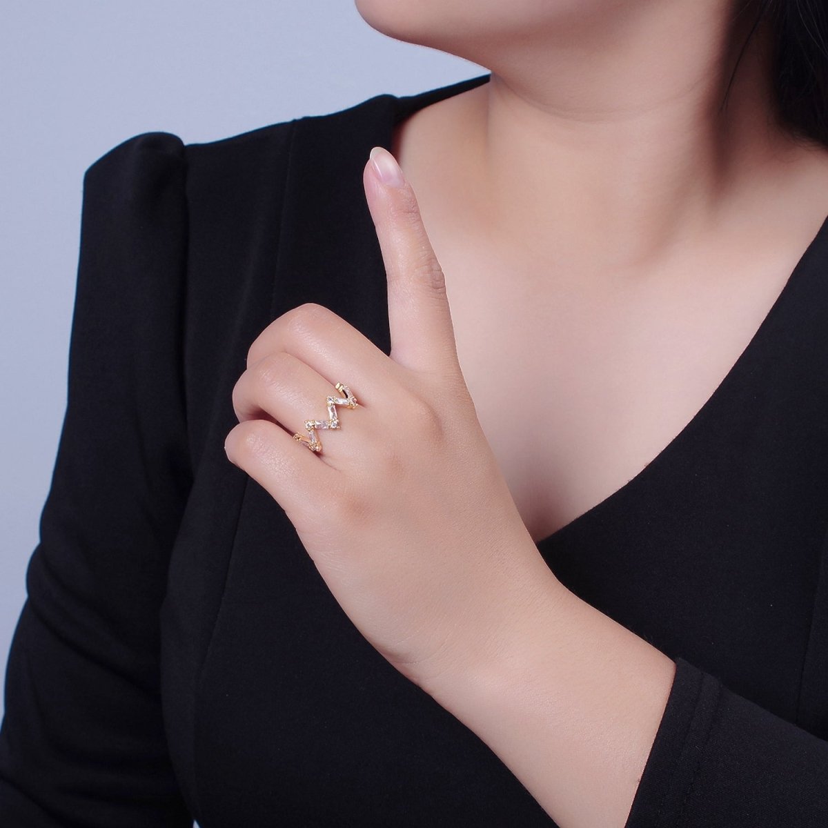 Dainty Highs And Lows Wave Ring • Clear Baguette Ring Adjustable Open Ring O-2144