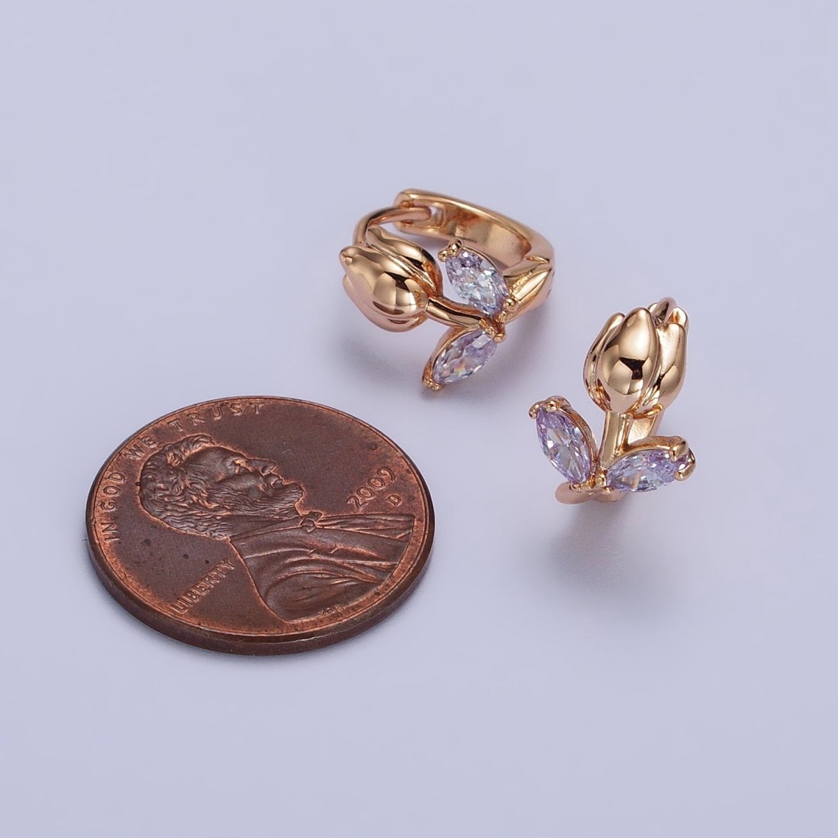 Dainty Huggie Rose CZ Stone Micro Pave Flower Leaf Cz Earring in 18k Gold Filled AB1028 - DLUXCA