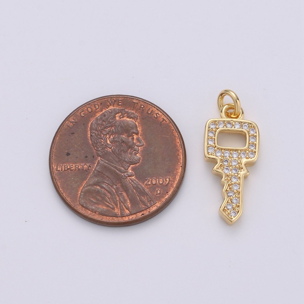 Dainty Key charm with Clear cz• 20x7mm • 24k Gold Filled• Sparkly Cubic Zirconia Car Key Charm •  Silver Charm for Necklace Bracelet Earring  D-371