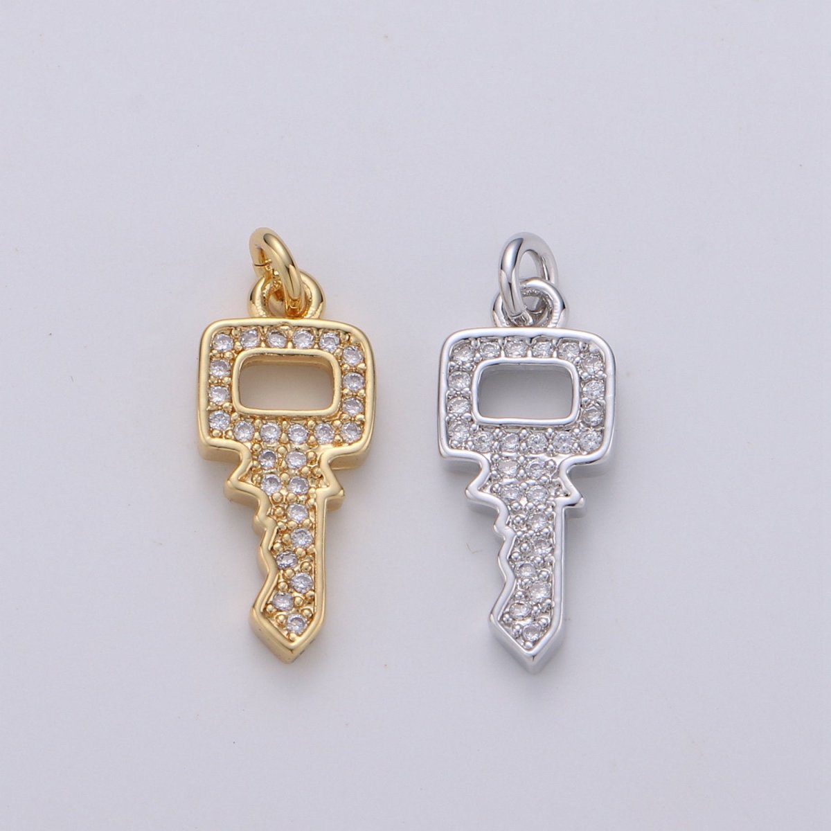 Dainty Key charm with Clear cz• 20x7mm • 24k Gold Filled• Sparkly Cubic Zirconia Car Key Charm •  Silver Charm for Necklace Bracelet Earring  D-371