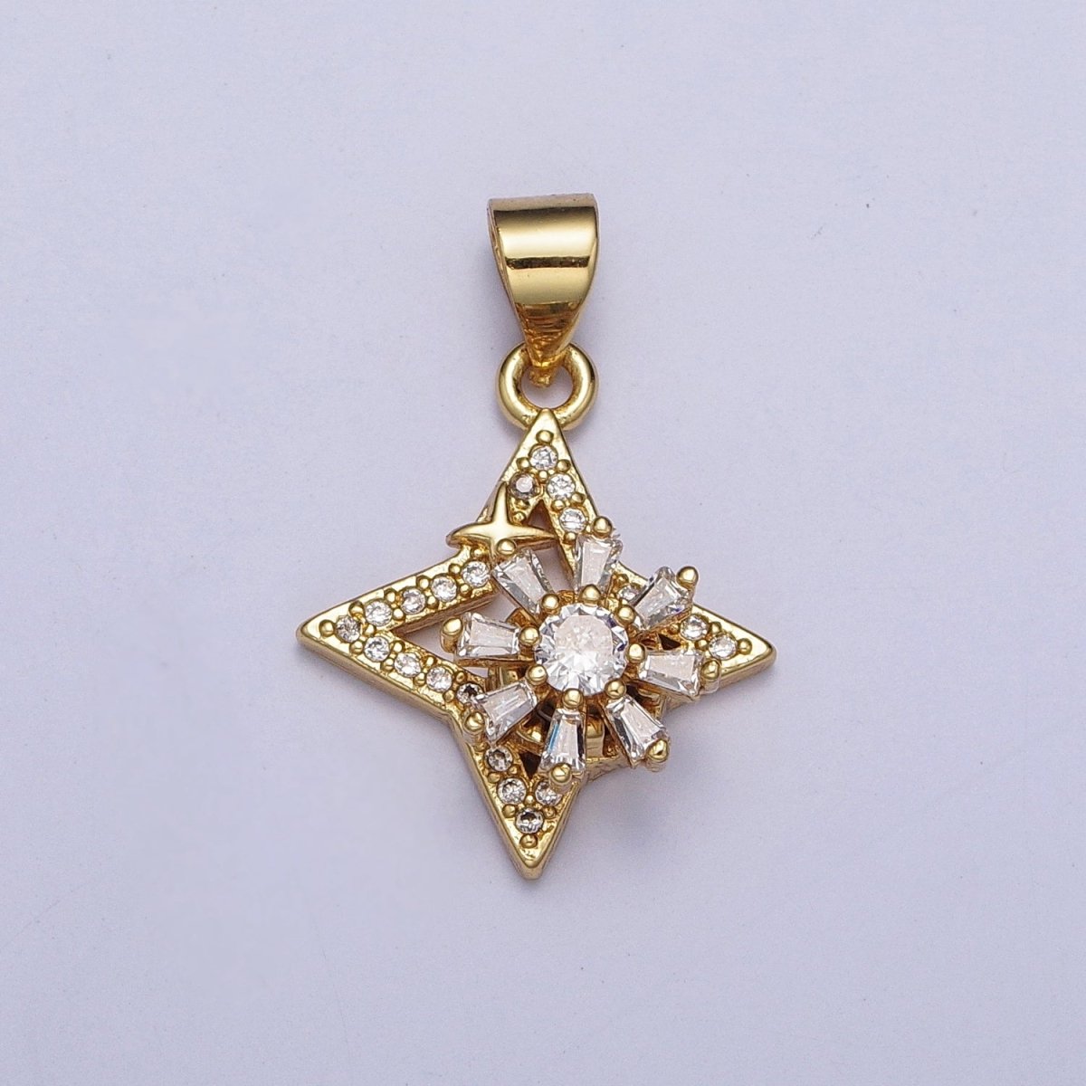 Dainty Micro Paved Celestial Star with Flower Baguette Cubic Zirconia Pendant For Jewelry Making | X-472 - DLUXCA