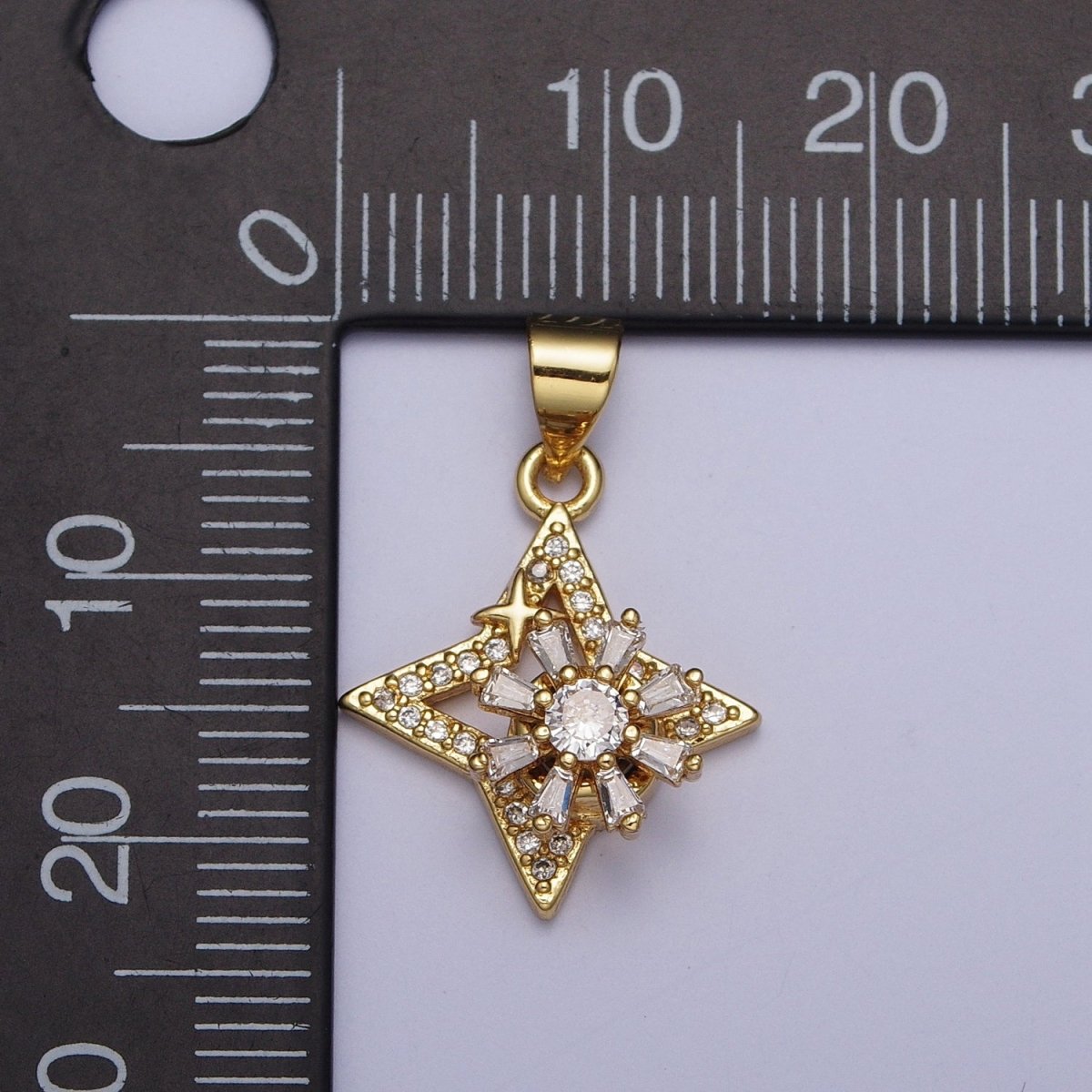 Dainty Micro Paved Celestial Star with Flower Baguette Cubic Zirconia Pendant For Jewelry Making | X-472 - DLUXCA