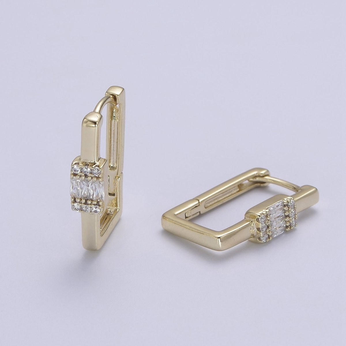 Dainty Oblong Rectangle Diamond cz Hoop Earring, Gold U Shape Hoop Earring V-149 - DLUXCA