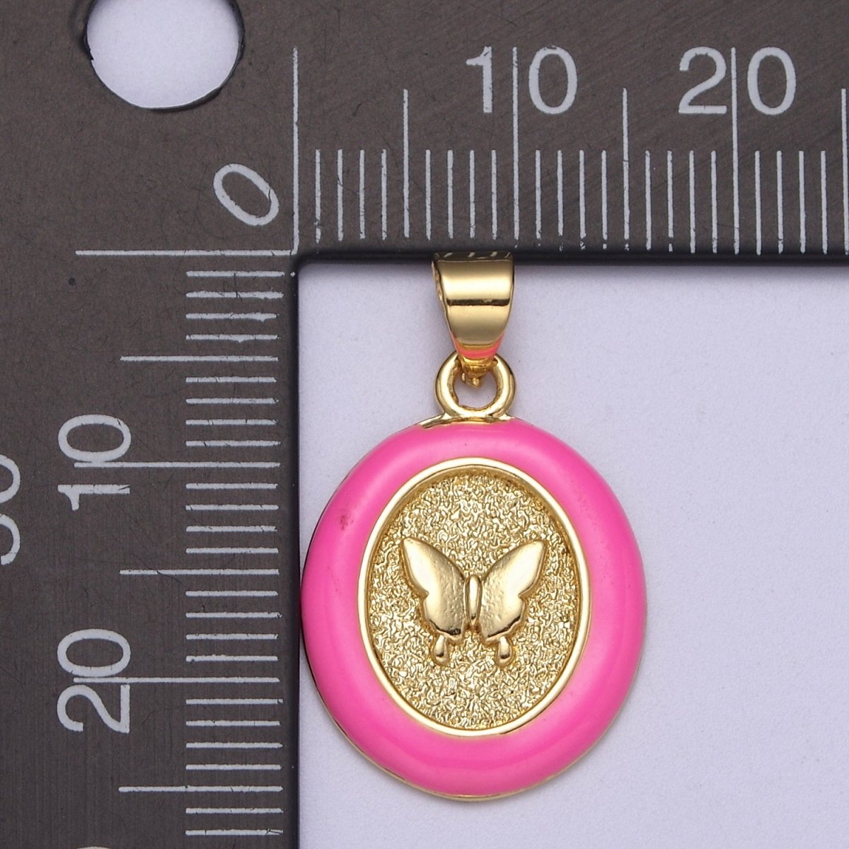 Dainty Oval Butterfly Pendant with Pink Enamel Frame Charm H-190
