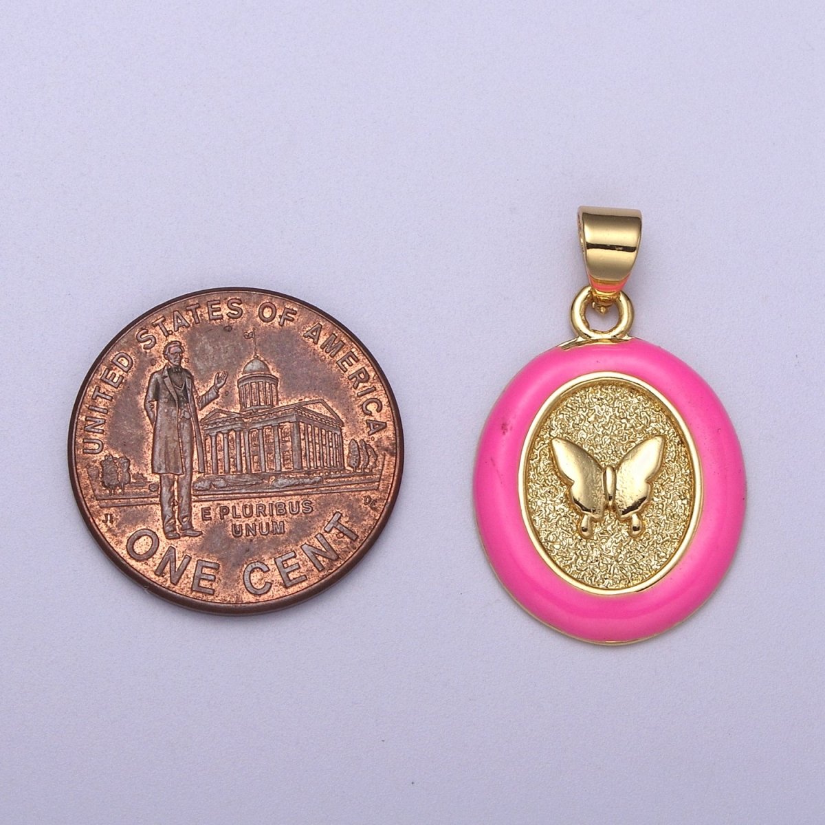 Dainty Oval Butterfly Pendant with Pink Enamel Frame Charm H-190