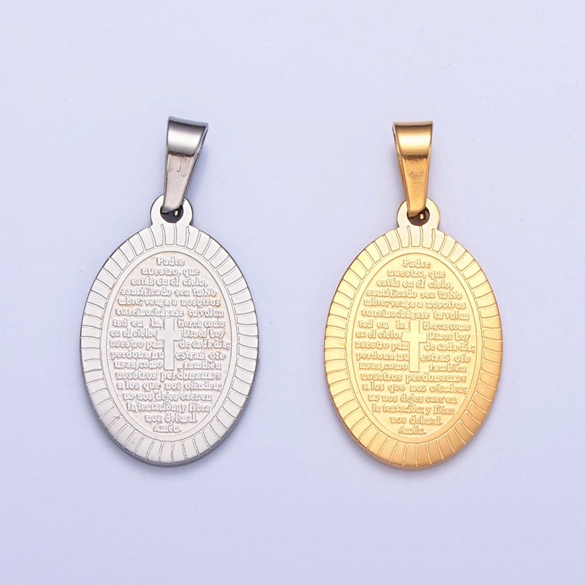 Dainty Oval Stainless Steel Pendant, Religious Pendant Engraved with the Lord's Prayer in Spanish I-529 I-759