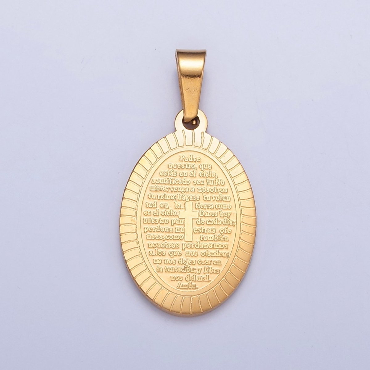 Dainty Oval Stainless Steel Pendant, Religious Pendant Engraved with the Lord's Prayer in Spanish I-529 I-759