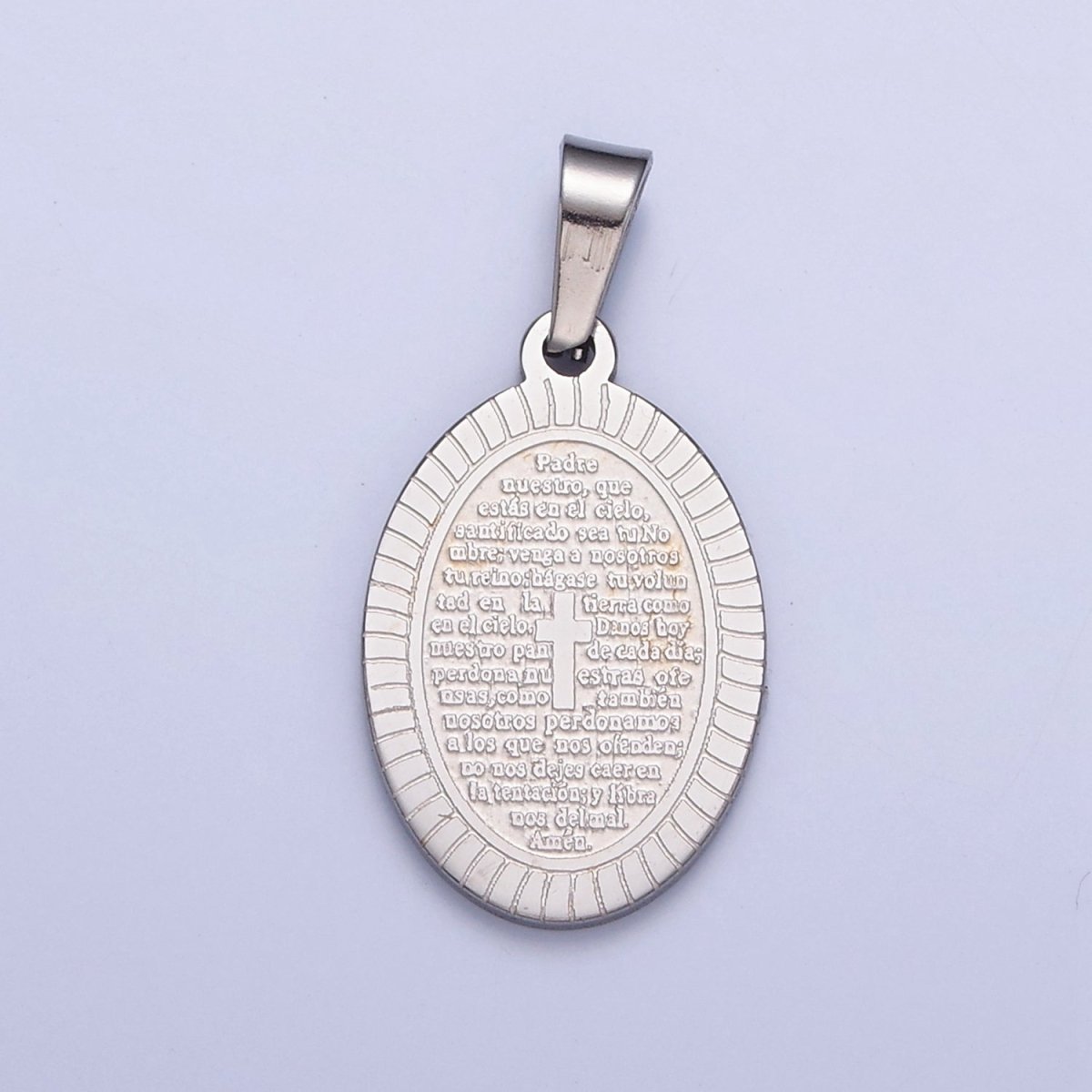 Dainty Oval Stainless Steel Pendant, Religious Pendant Engraved with the Lord's Prayer in Spanish I-529 I-759