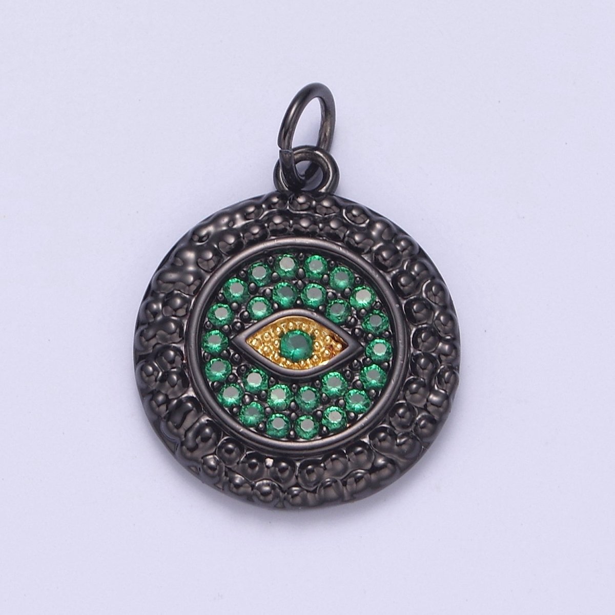 Dainty Pave black diamond Evil Eye Charm CZ Diamond Round Coin Charm Emerald Green Crystal N-832 - DLUXCA
