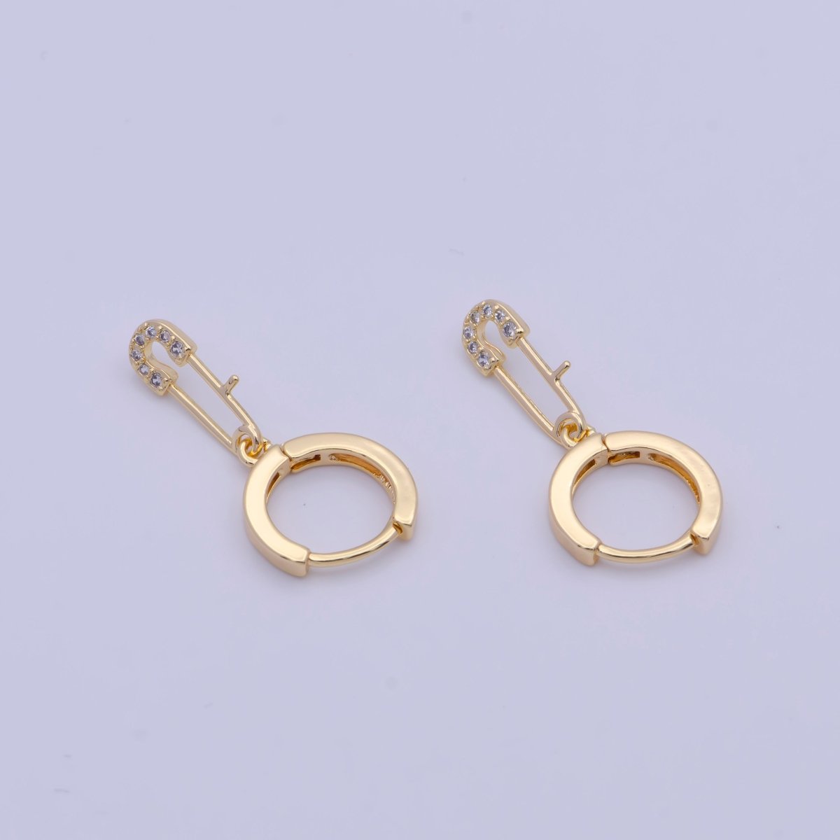 Dainty Pave Safety Pin Earrings • Gold Huggie Earrings • Minimalist Jewelry X-920 - DLUXCA