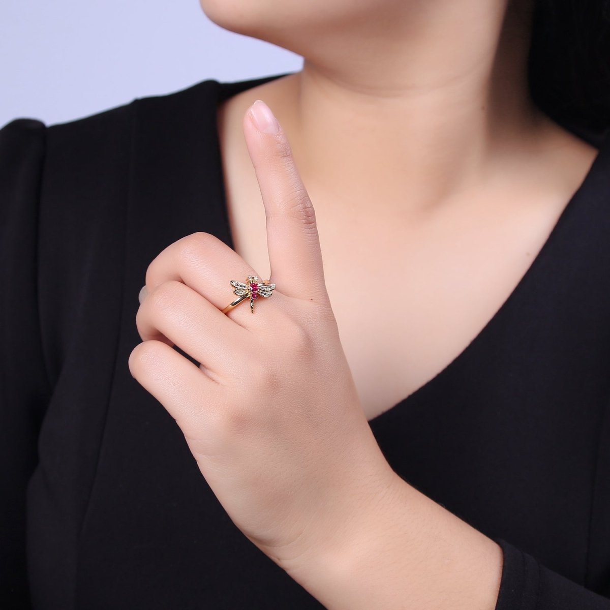 Dainty Pink Fuchsia Micro Pave Dragonfly Adjustable Ring, Minimalist 24K Gold Filled Nature Jewelry U-437 - DLUXCA