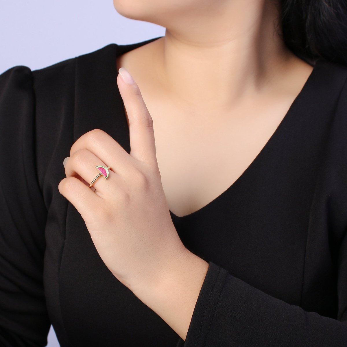 Dainty Pink Red Watermelon Ring Thin Gold Filled Adjustable Ring Fruit Jewelry U-094