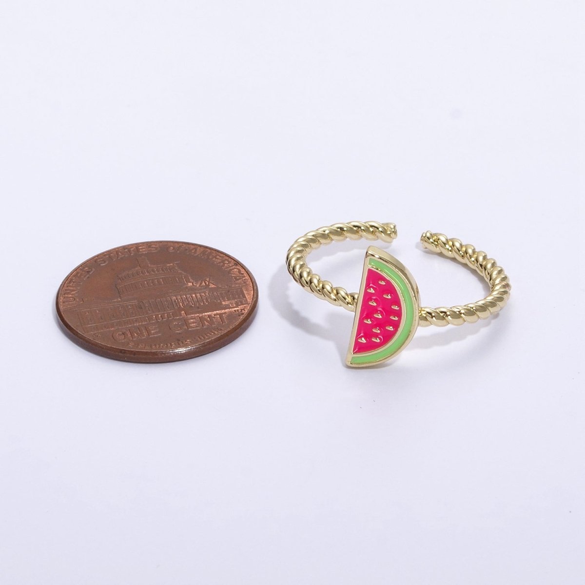 Dainty Pink Red Watermelon Ring Thin Gold Filled Adjustable Ring Fruit Jewelry U-094