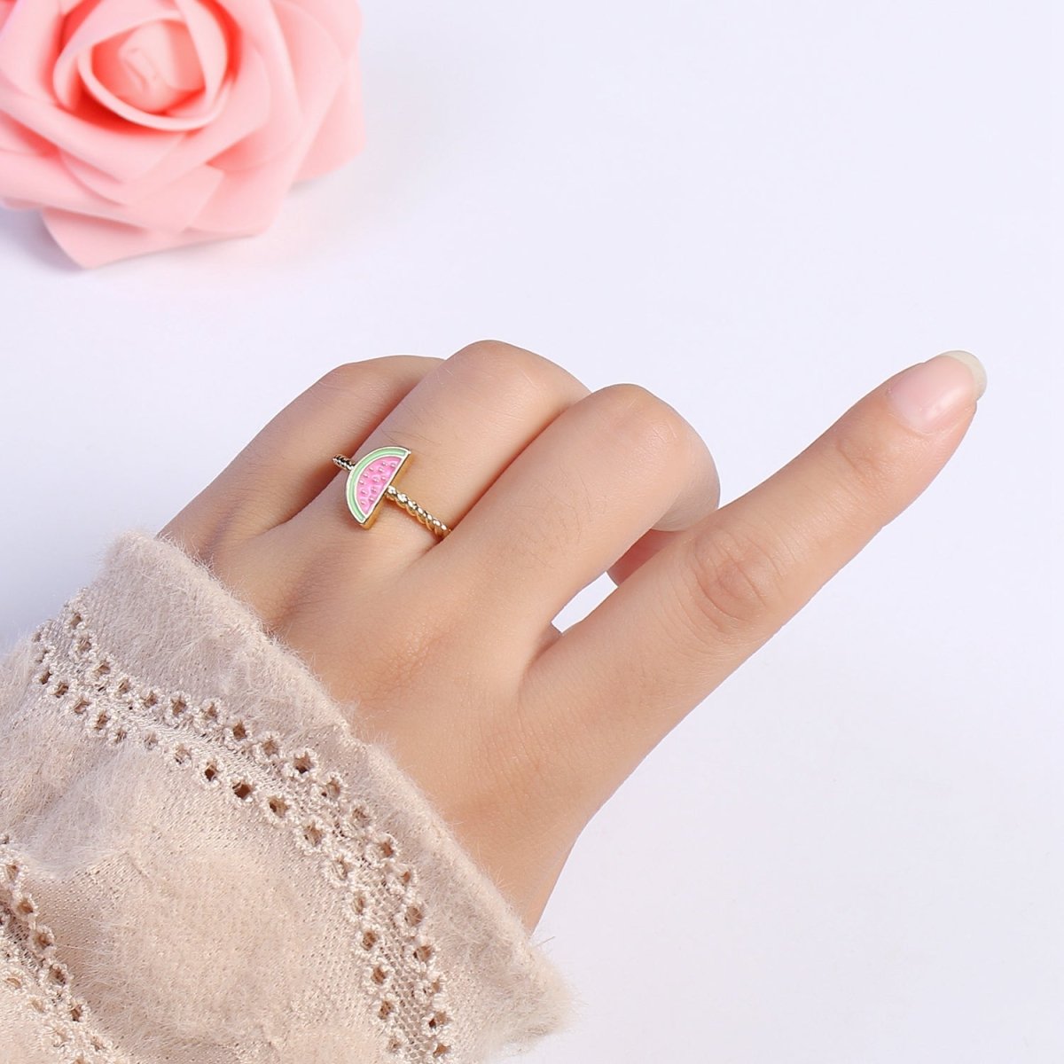 Dainty Pink Red Watermelon Ring Thin Gold Filled Adjustable Ring Fruit Jewelry U-094