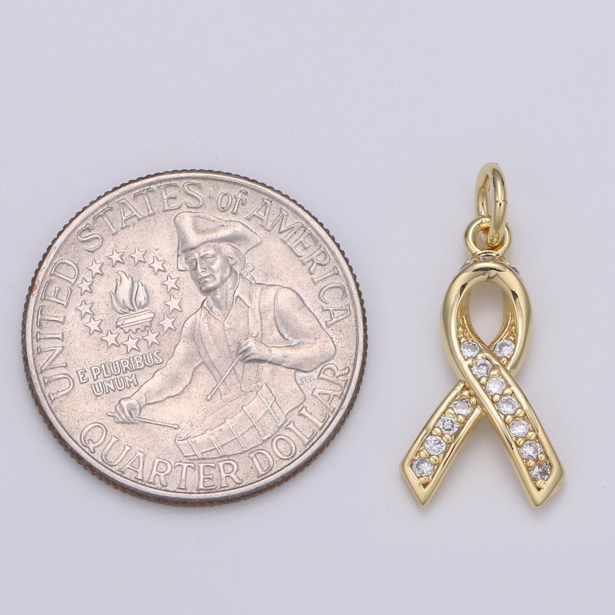 Dainty Pink Ribbon CZ Pave Charm Breast Cancer Awarness Pendant E-075