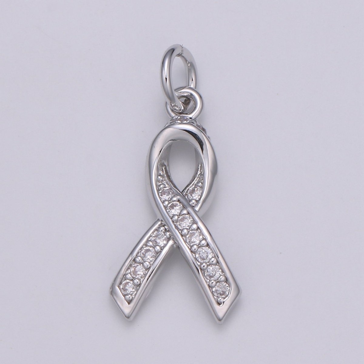 Dainty Pink Ribbon CZ Pave Charm Breast Cancer Awarness Pendant E-075