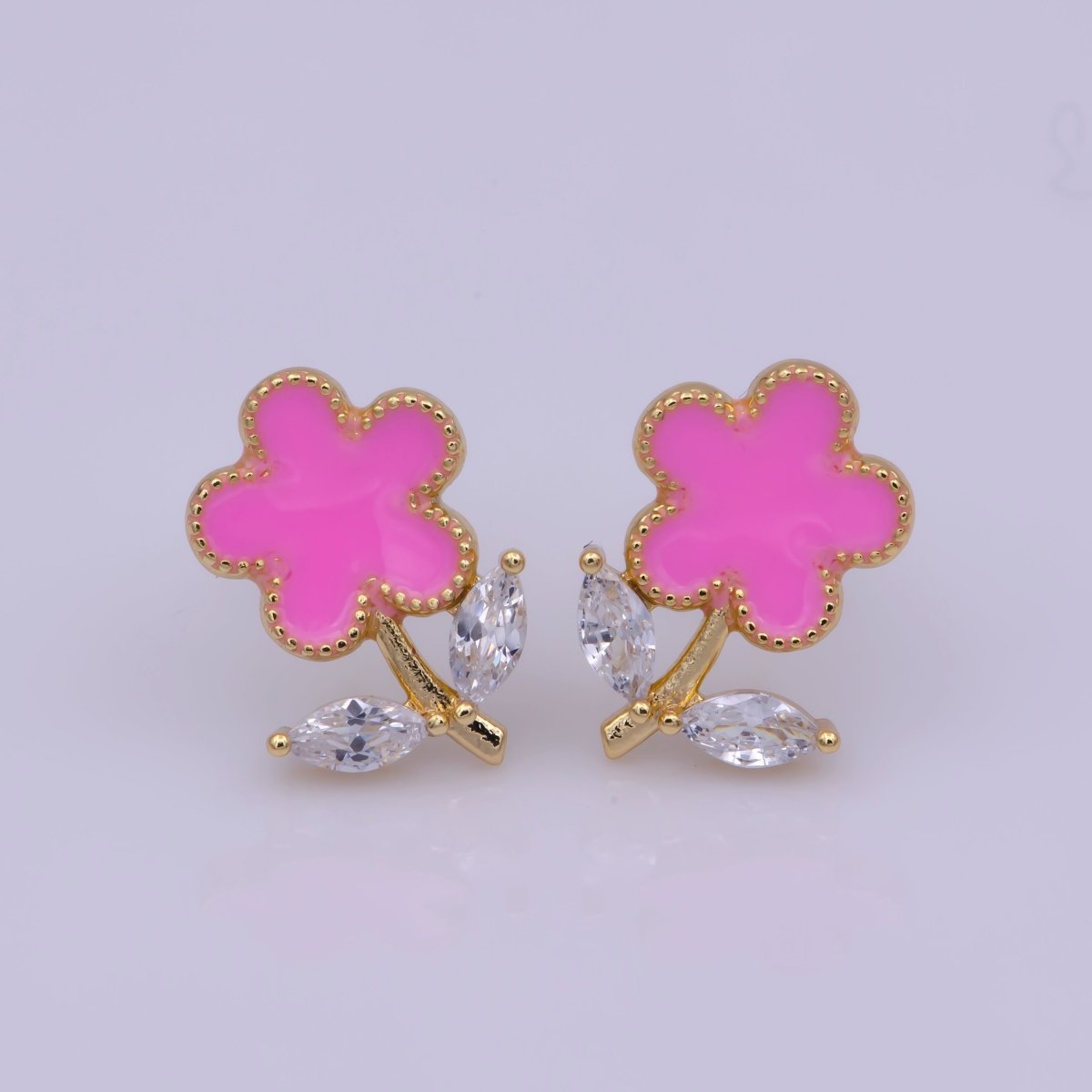 Dainty Pink, Teal, White Enamel Daisy Flower with Crystal Zirconia CZ Gold Stud Earring | T-222 ~ T-224