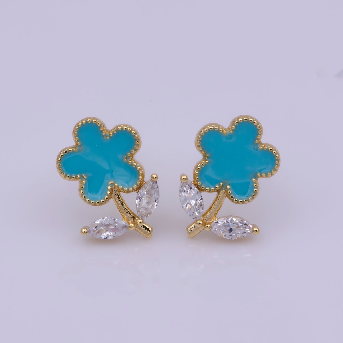 Dainty Pink, Teal, White Enamel Daisy Flower with Crystal Zirconia CZ Gold Stud Earring | T-222 ~ T-224