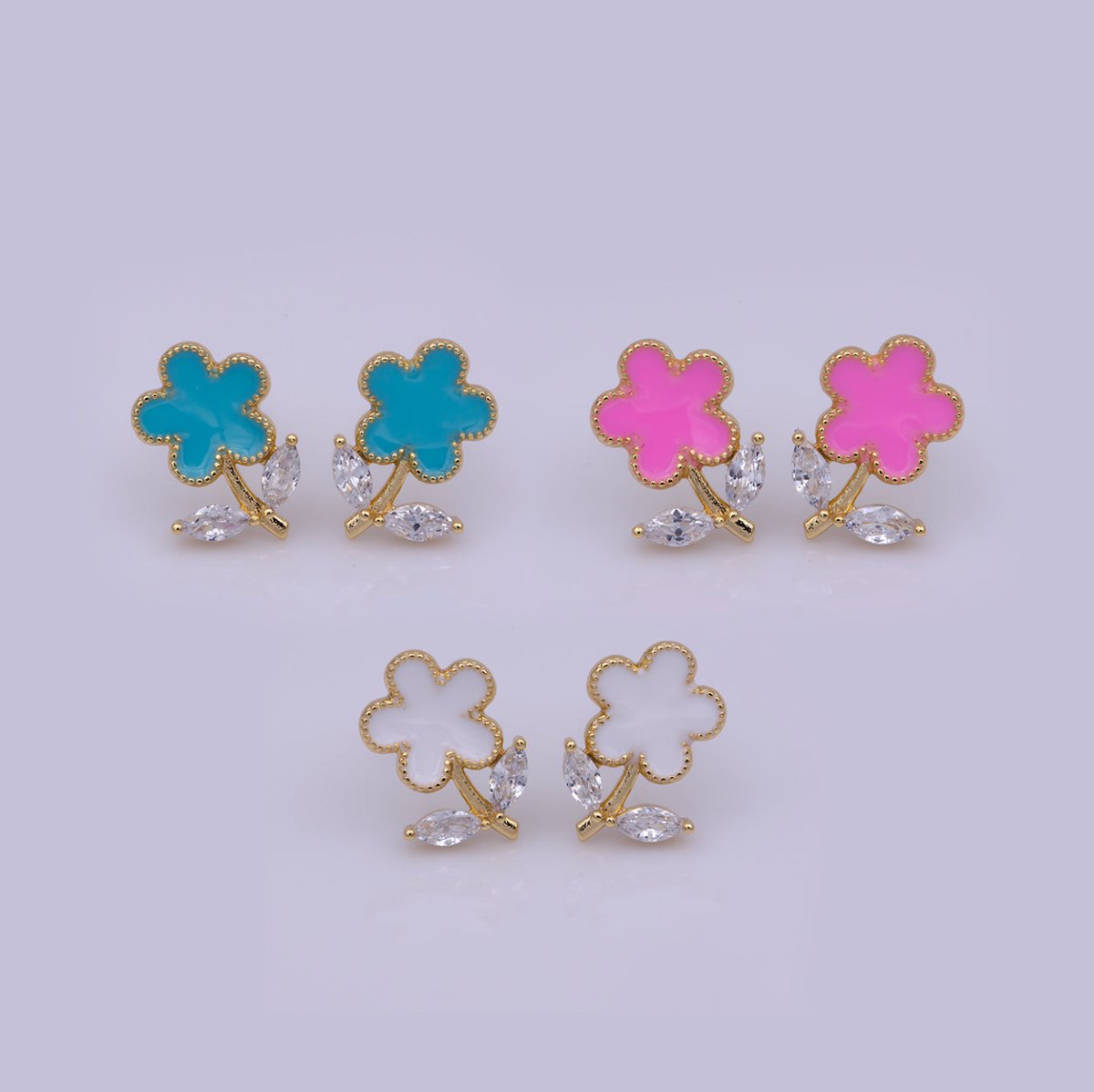 Dainty Pink, Teal, White Enamel Daisy Flower with Crystal Zirconia CZ Gold Stud Earring | T-222 ~ T-224