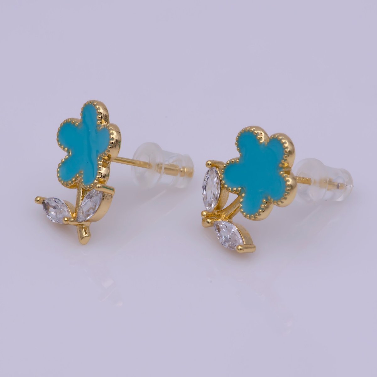 Dainty Pink, Teal, White Enamel Daisy Flower with Crystal Zirconia CZ Gold Stud Earring | T-222 ~ T-224