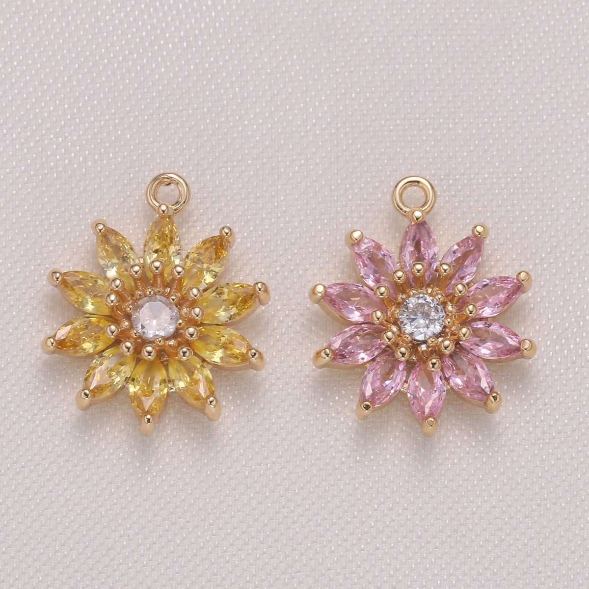 Dainty Pink Yellow Sun Flower Cubic Zirconia Charm CZ Floral Nature Charm Pendant GP-964, E-027
