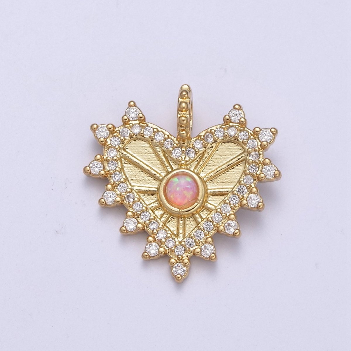 OS Dainty Radial Heart Pendant Gold Fill Medallion Charm Pink Opal Cz Love Jewelry | H241