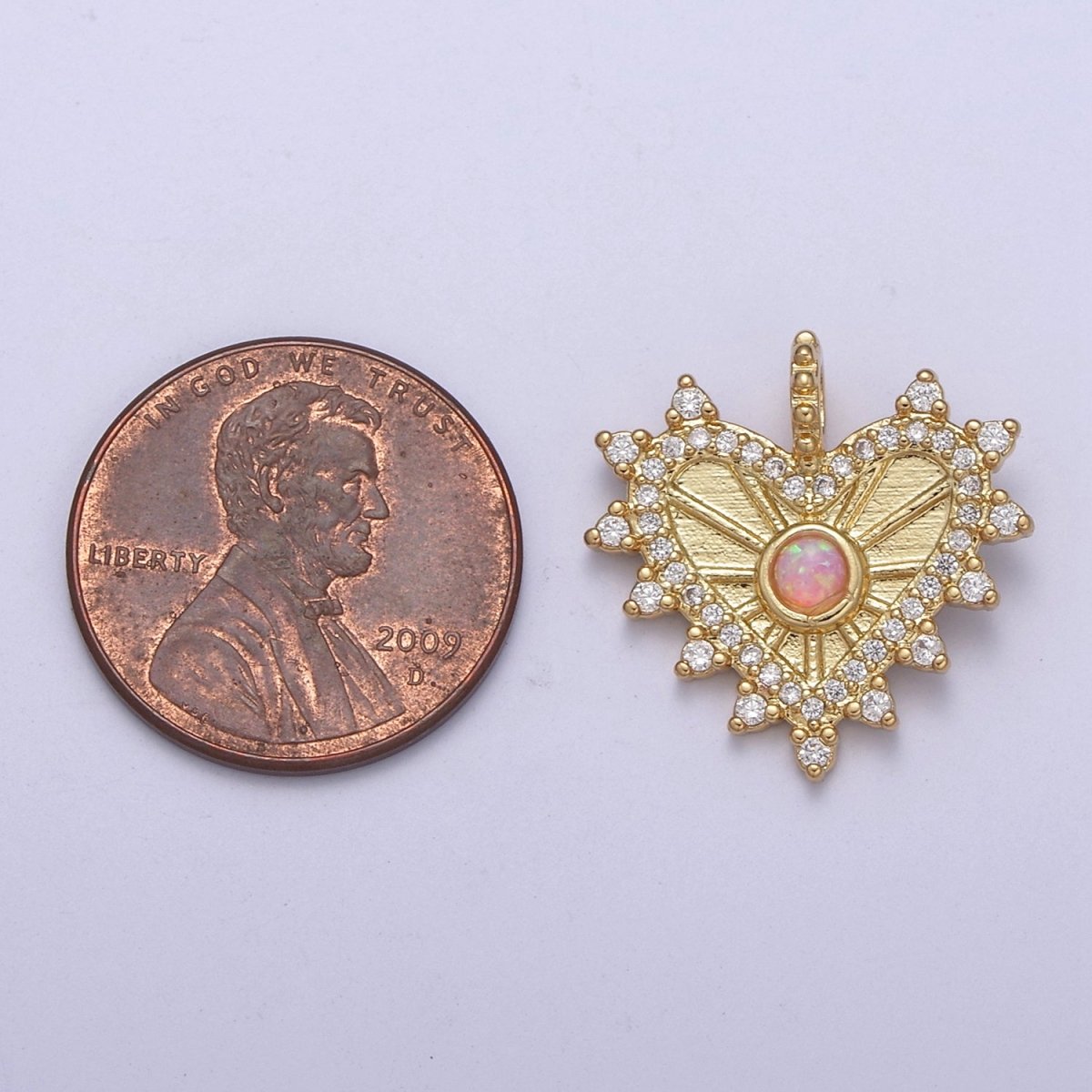 OS Dainty Radial Heart Pendant Gold Fill Medallion Charm Pink Opal Cz Love Jewelry | H241